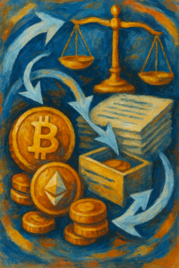 Illustration of scales of justice balancing crypto coins, symbolizing regulatory guidance for crypto ETPs.