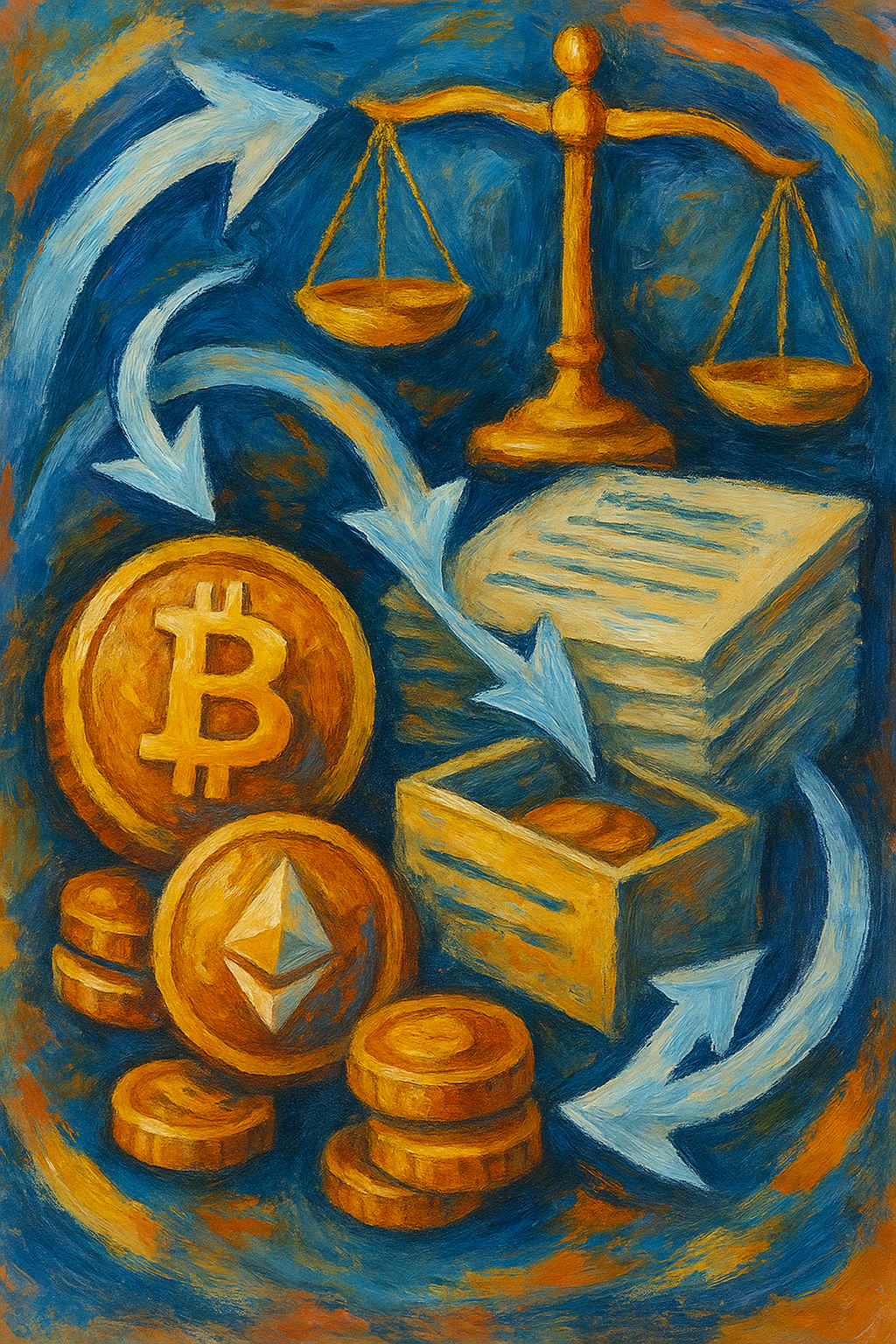 Illustration of scales of justice balancing crypto coins, symbolizing regulatory guidance for crypto ETPs.