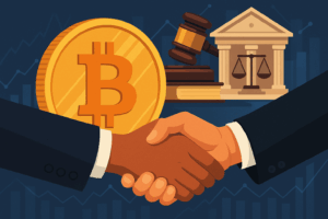 Illustration of handshake, gavel, scales and bitcoin coin representing market structure regulation