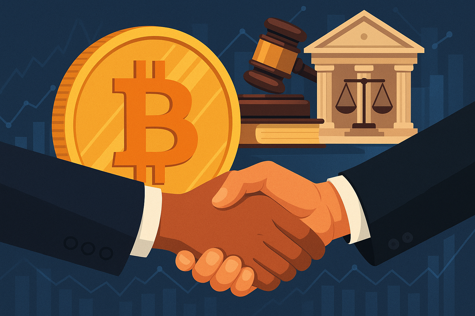 Illustration of handshake, gavel, scales and bitcoin coin representing market structure regulation