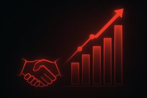 Red neon handshake with rising bar chart and arrow