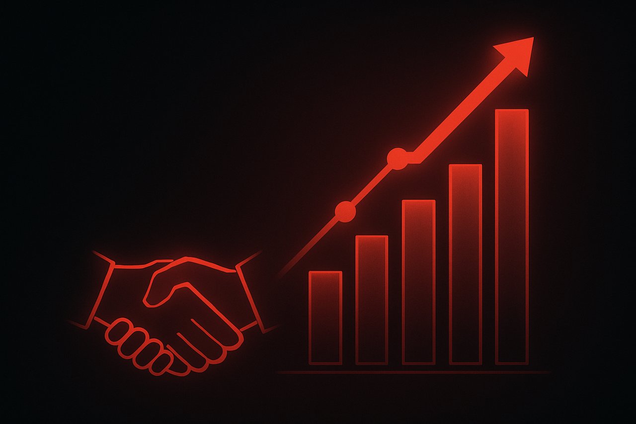 Red neon handshake with rising bar chart and arrow